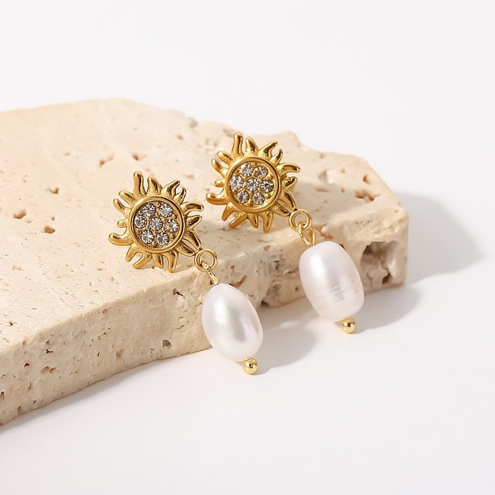 Pendientes geométricos de acero inoxidable a la moda con incrustaciones de perlas artificiales pendientes de acero inoxidable con circón