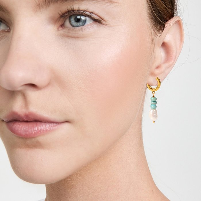 Fashion green stone pearl pendant stainless steel 18K gold earrings