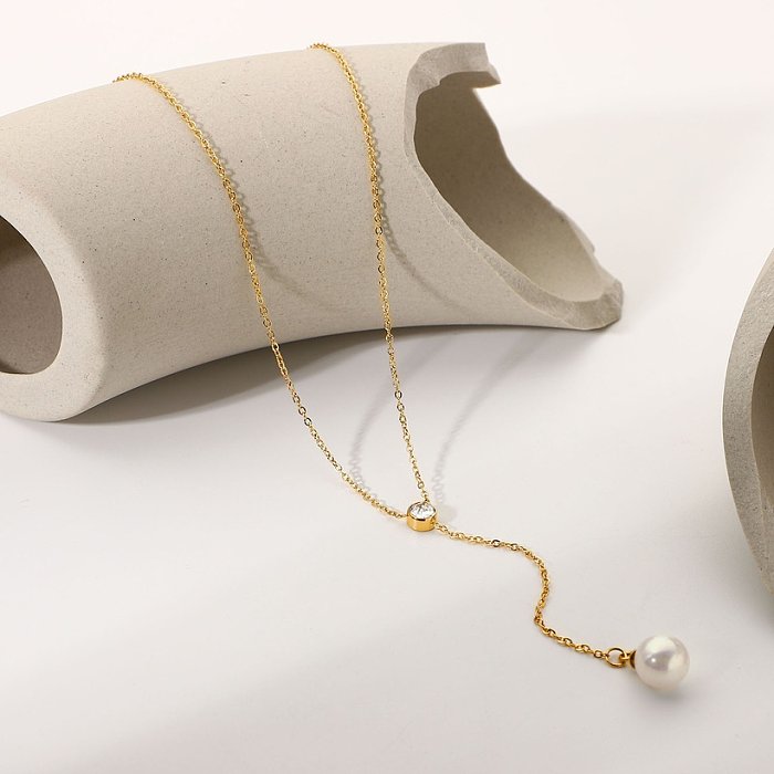 collier en acier inoxydable plaqué or 18 carats collier pendentif perle zircon en forme de Y