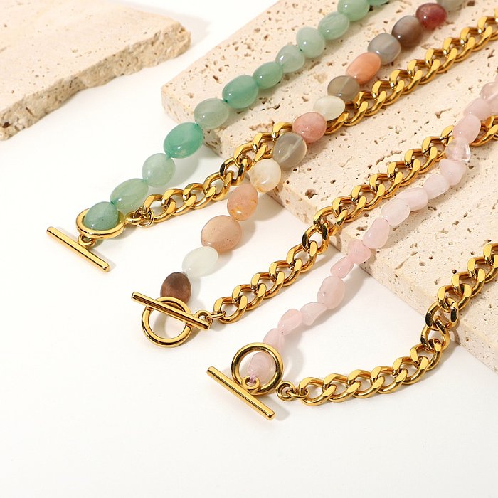 wholesale jewelry green natural stone beaded splicing chain stainless steel necklace jewelry