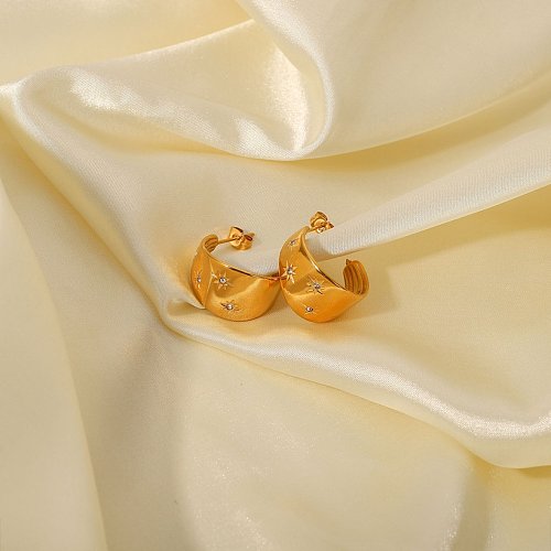 New Style stainless steel 18K gold plated Large Curved Inlaid Zirconium CShaped Earrings