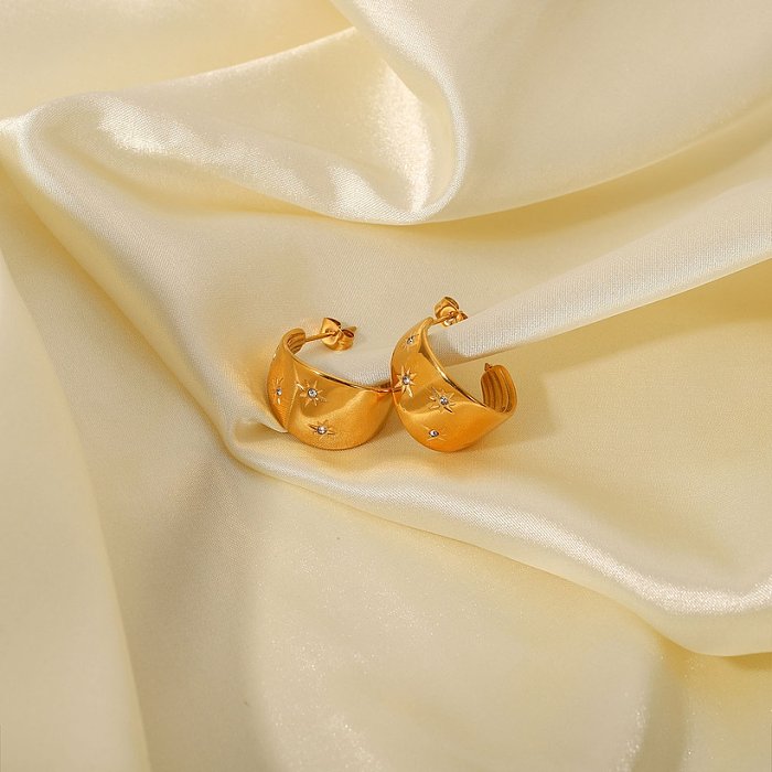 New Style stainless steel 18K gold plated Large Curved Inlaid Zirconium CShaped Earrings