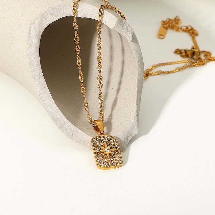 Collier pendentif en forme d'étoile à huit branches en zirconium à la mode en acier inoxydable plaqué or 18 carats