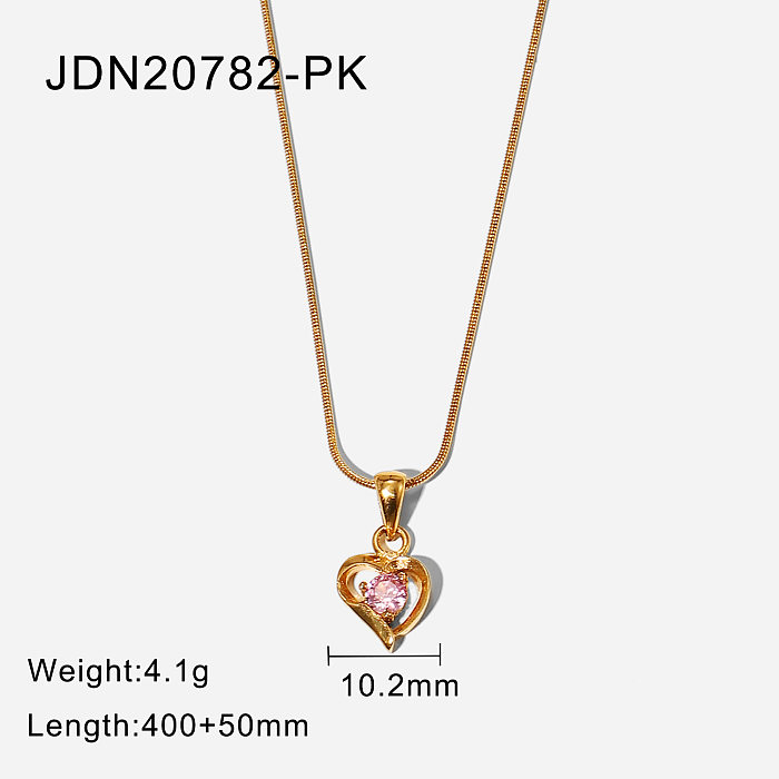 fashion goldplated stainless steel hollow heart inlaid pink zircon pendant necklace