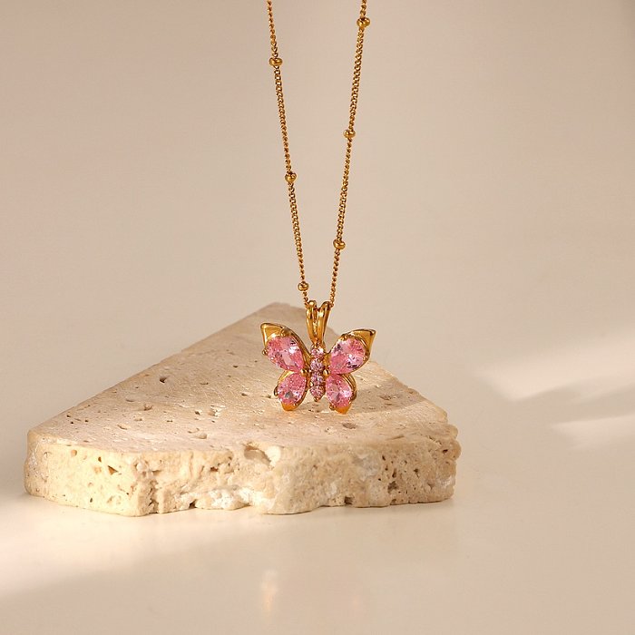 nouveau collier pendentif en forme de papillon en zircon rose en acier inoxydable plaqué or 18 carats