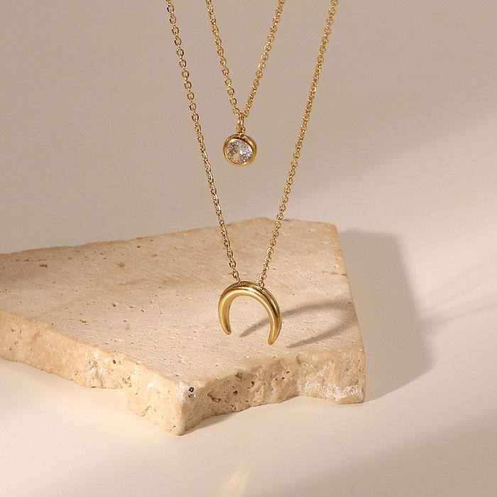 fashion 14K gold stainless steel upside down moon single zircon doublelayer necklace wholesale