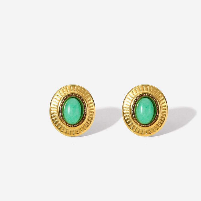 nouvelles boucles d'oreilles en acier inoxydable or 18 carats bouton jade vert ovale rétro
