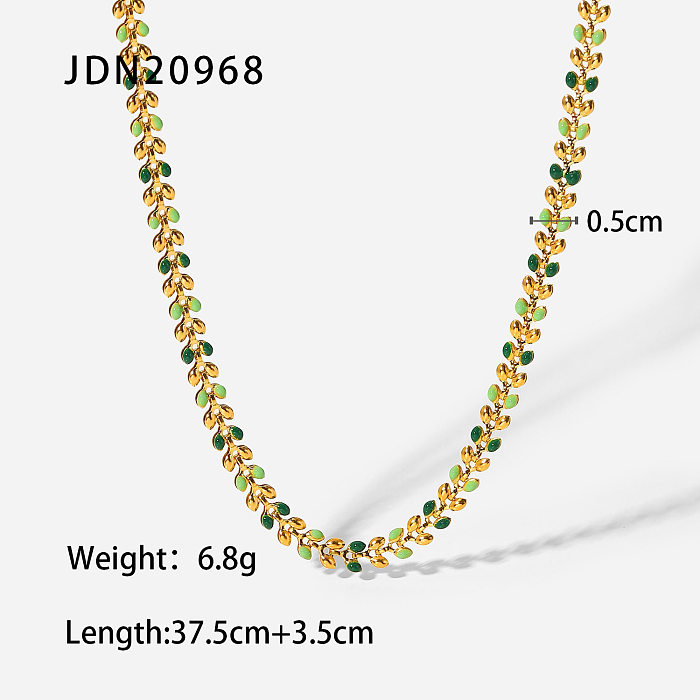 Collar de acero inoxidable para mujer de hoja de olivo con gota verde de oro de 18 quilates a la moda