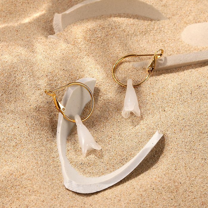 Fashion 18K Gold White Magnolia Flower Pendant Stainless Steel Earrings