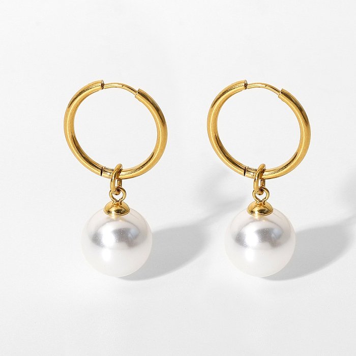 retro bright shell pearl pendant stainless steel hoop earrings