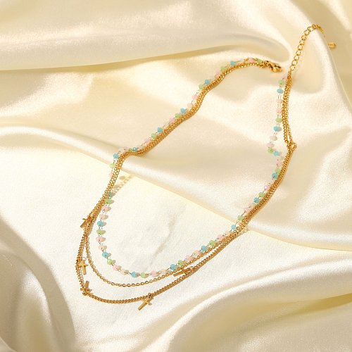 Fashion Colored Bead Titanium Steel Chain Cross Tassel Pendant ThreeLayer 18K GoldPlated Stainless Steel Necklace
