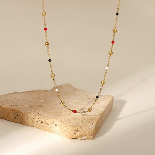 Nouveau collier en acier inoxydable en or 18 carats avec chaîne à boules d'huile dégoulinant de couleur rouge, blanche et noire