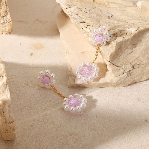 2022 nuevos pendientes de cristal de flor de perla púrpura tejida de acero inoxidable chapado en oro de 18 quilates