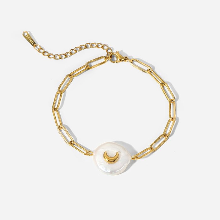 Bracelet en acier inoxydable plaqué or 18 carats avec chaîne à boucle croisée perle incrustée de croissant créatif