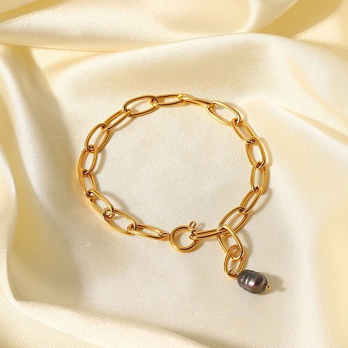 pingente de pérola negra estilo retrô pulseira de aço inoxidável banhado a ouro 18k