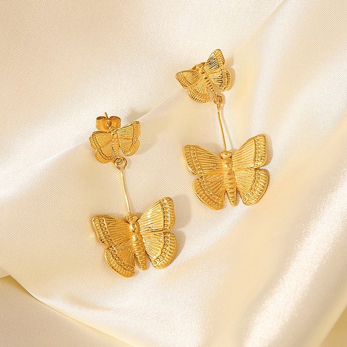 Fashion Butterfly Pendant Womens 18K Gold Stainless Steel Earrings