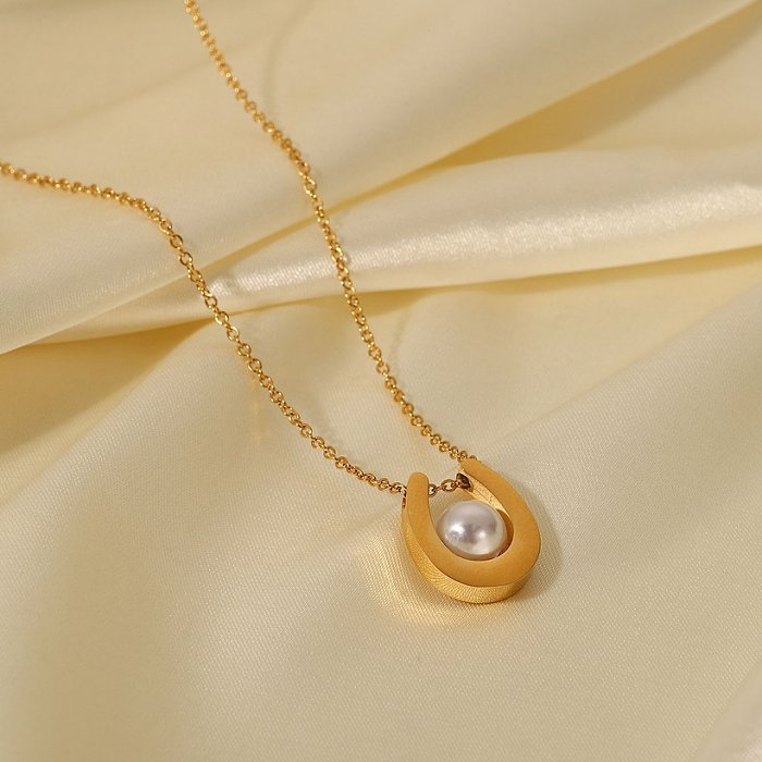 New 18K Gold Plated Stainless Steel U Shape Pearl Pendant Necklace