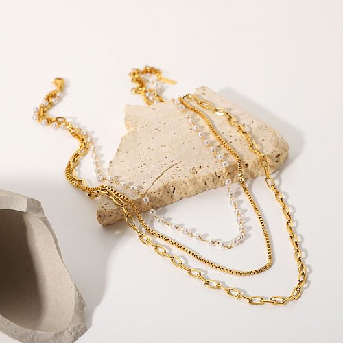Fashion 18K Gold Stainless Steel Small Pearl Chain ThreeLayer Necklace Women