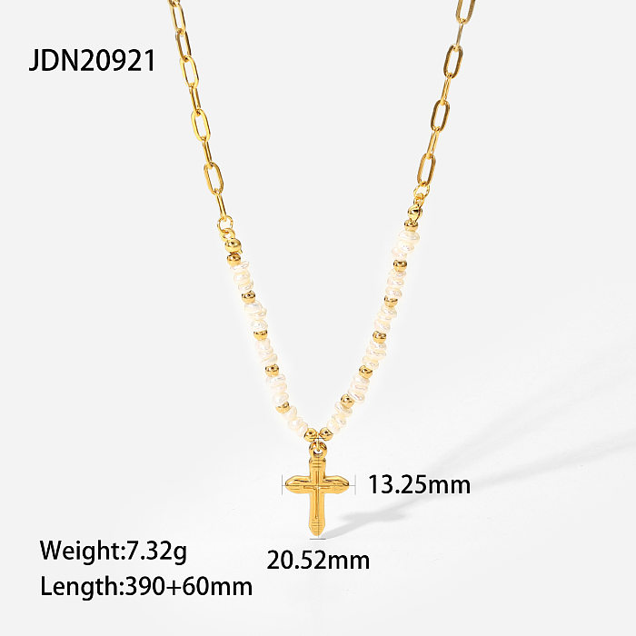 Pendentif croix en or 18 carats perles d'eau douce naturelles couture collier en acier inoxydable