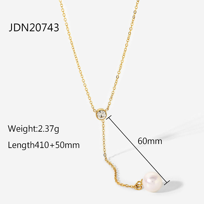 stainless steel necklace 18K goldplated Yshaped zircon pearl pendant necklace