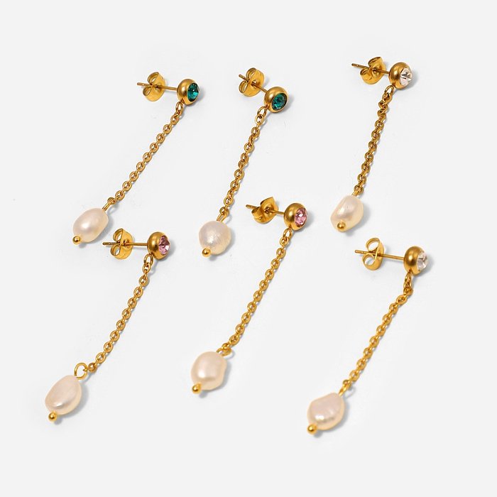simple stainless steel white pink green zircon long chain pearl pendant earrings
