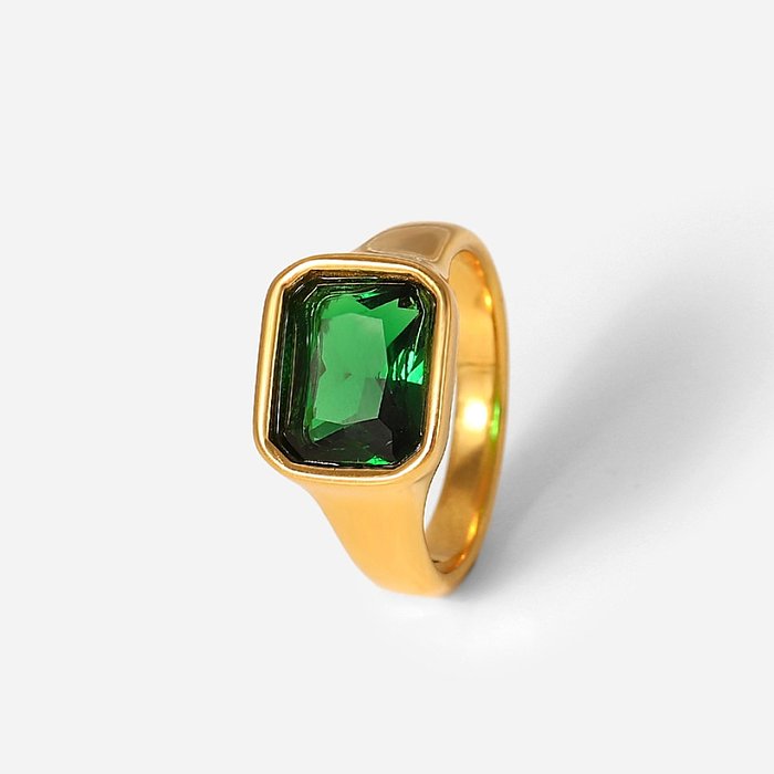 retro 18k gold plated square zircon stainless steel square pink green zircon glossy ring