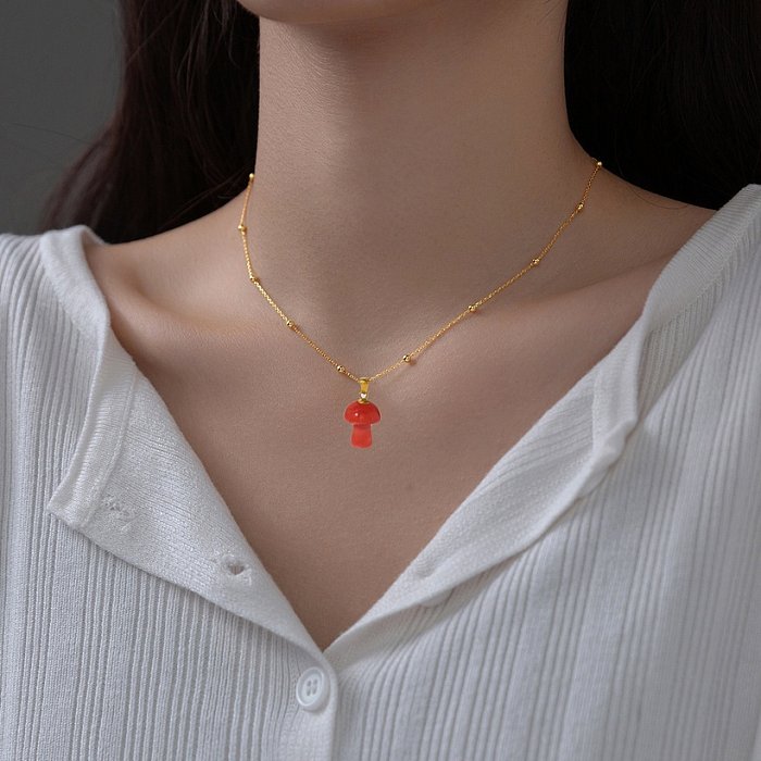 Fashion creative stone mushroom pendant necklace 18K gold stainless steel