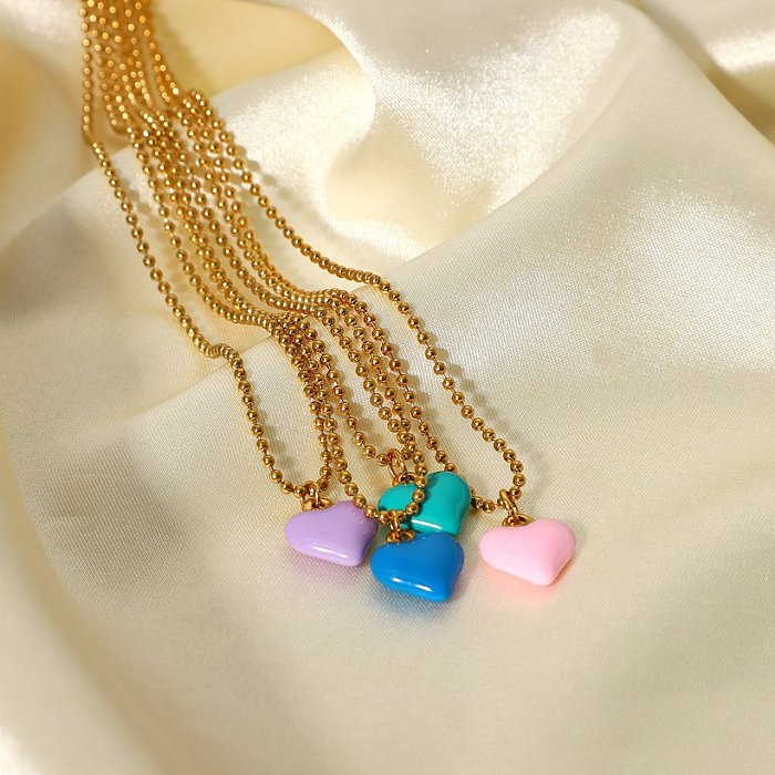 Fashion Stainless Steel Colorful Enamel Heart Pendant Bead Chain Necklace Jewelry
