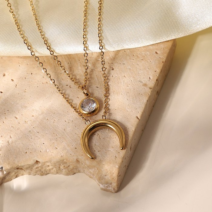 fashion 14K gold stainless steel upside down moon single zircon doublelayer necklace wholesale