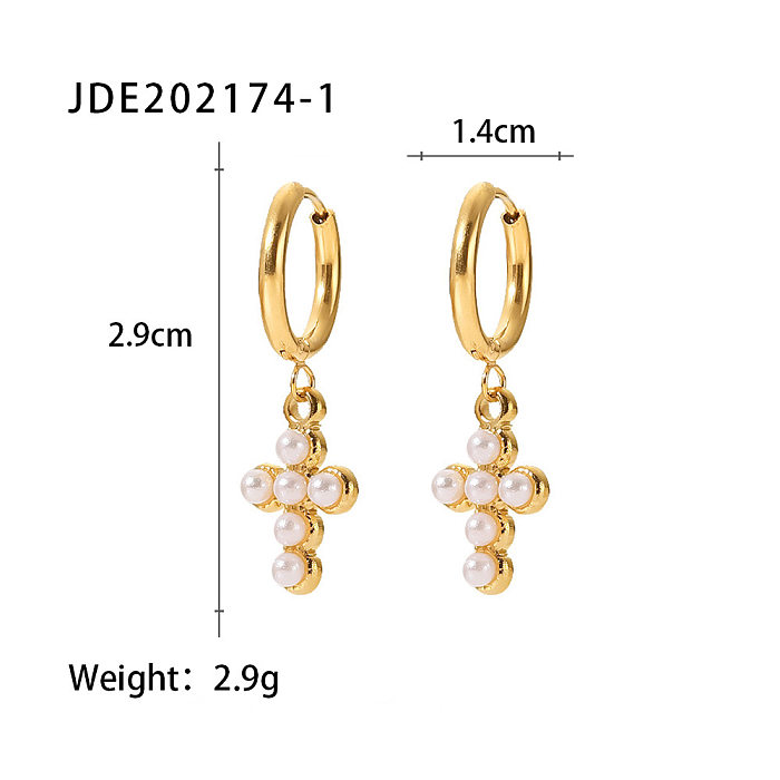 Boucles d'oreilles en acier inoxydable Fashion Cross Incrustation de perles artificielles Zircon Boucles d'oreilles en acier inoxydable