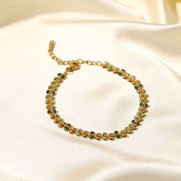 Mode femmes nouveau bracelet en acier inoxydable feuille d'olivier vert or 18 carats