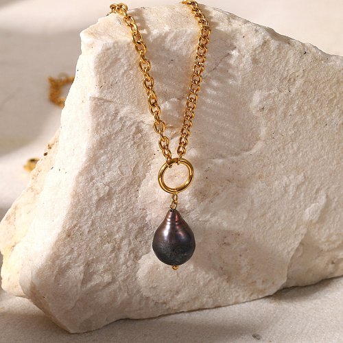 Fashion Black Pearl Pendant 18K Gold Plated Stainless Steel Necklace