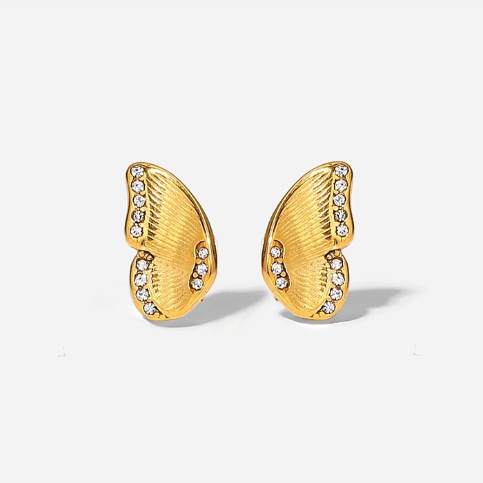 Brincos de asas de borboleta geométricas de aço inoxidável ouro 18k fashion com incrustações de zircônio