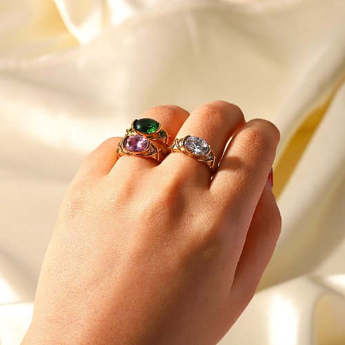 Bijoux de mariage de mode en acier inoxydable plaqué or 18 carats grand anneau de zircon ovale