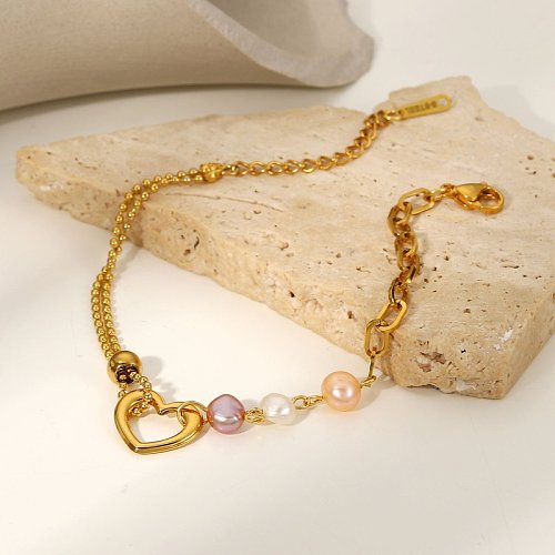 Pulsera de perlas de corazón de acero inoxidable con perlas de colores geométricos de moda