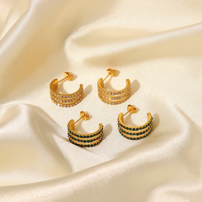 Fashion 18K Gold Stainless Steel White Full Zirconium ThreeLayer Linear Earrings