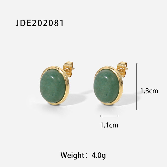 Fashion 14K Gold Oval Strawberry Quartz Green Aventurine Stainless Steel Ear Stud Earrings