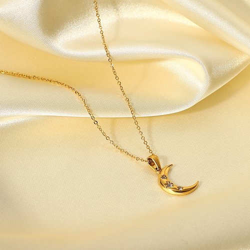 colar de pingente de lua de zircão embutido em aço inoxidável banhado a ouro 18k fashion