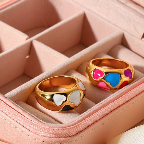 18K Gold Plated Heart Enamel Ring Stainless Steel Thick Black White Color Ring Womens Stainless Steel Ring Ornament