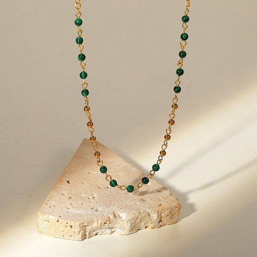 Mode 18 Karat Gold Edelstahl Grün Pfau Stein Perlen Halskette Frauen