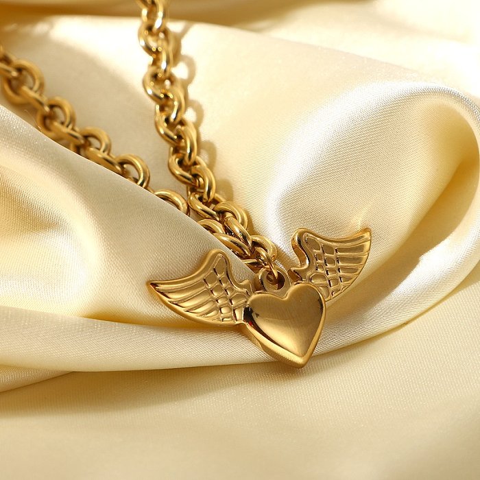 Colar de pingente de coração retrô de aço inoxidável 14K ouro grosso Ochain asas de anjo