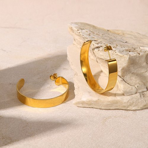 Fashion 18K Gold Plated CShaped Glossy Stainless Steel Earrings
