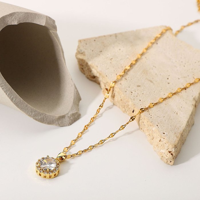 stainless steel chain microinlaid zircon edging white transparent round zircon pendant necklace