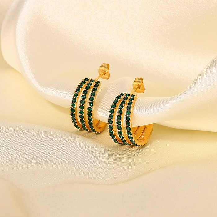 Brincos de aço inoxidável geométricos em forma de CS de três camadas de zircônio verde ouro 18k fashion da moda