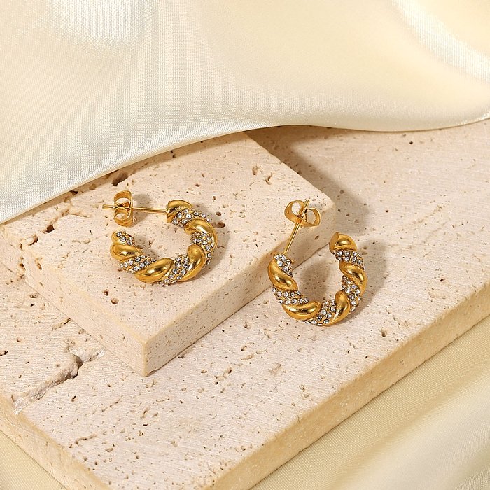 simple cshaped stainless steel inlaid zircon earrings jewelry