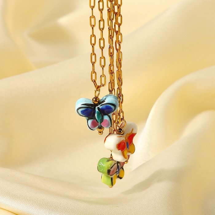 retro flower butterfly ceramic pendant 18K gold stainless steel cross chain necklace