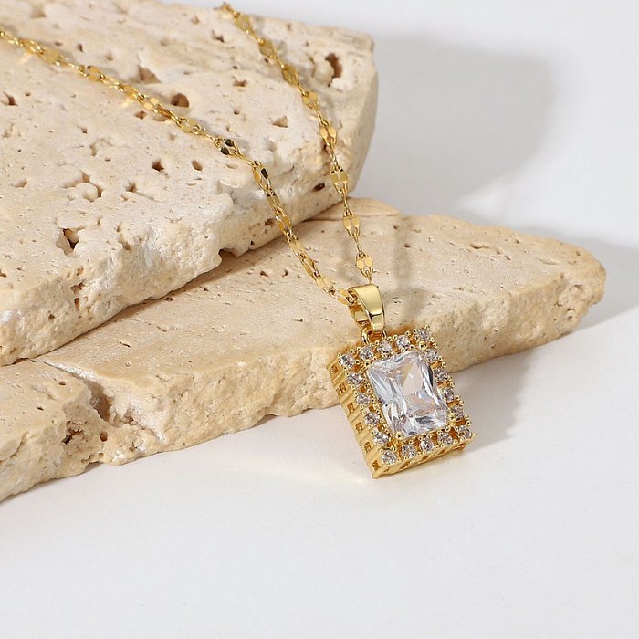 18K goldplated stainless steel jewelry square white cubic zircon pendant necklace female