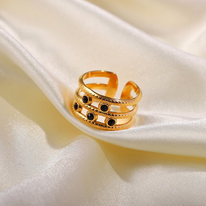 European and American 18K goldplated stainless steel 5 black diamonds threelayer open ring fashion jewelry