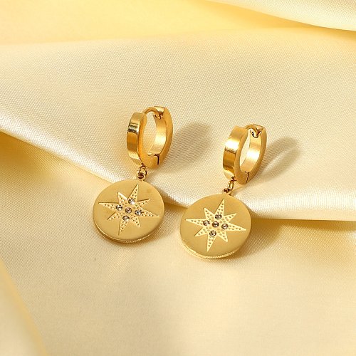 retro 14K gold eightpointed star round brand zircon pendant stainless steel earrings