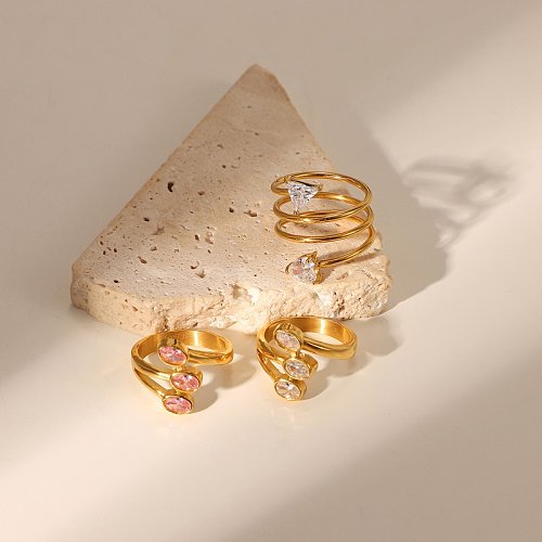 European and American zircon leafshaped threelayer stainless steel 18K goldplated ring